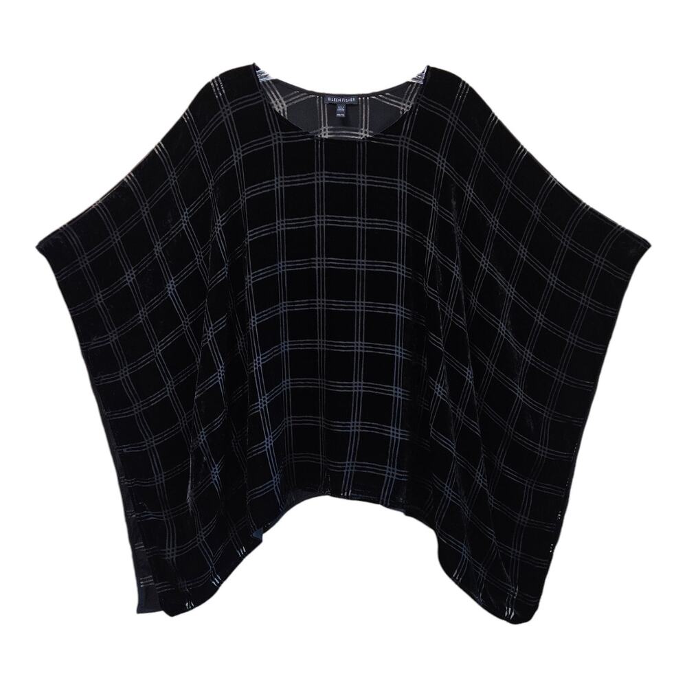 EILEEN FISHER Women One Size Poncho Velvet Burnout Black Plaid Lagenlook Topper